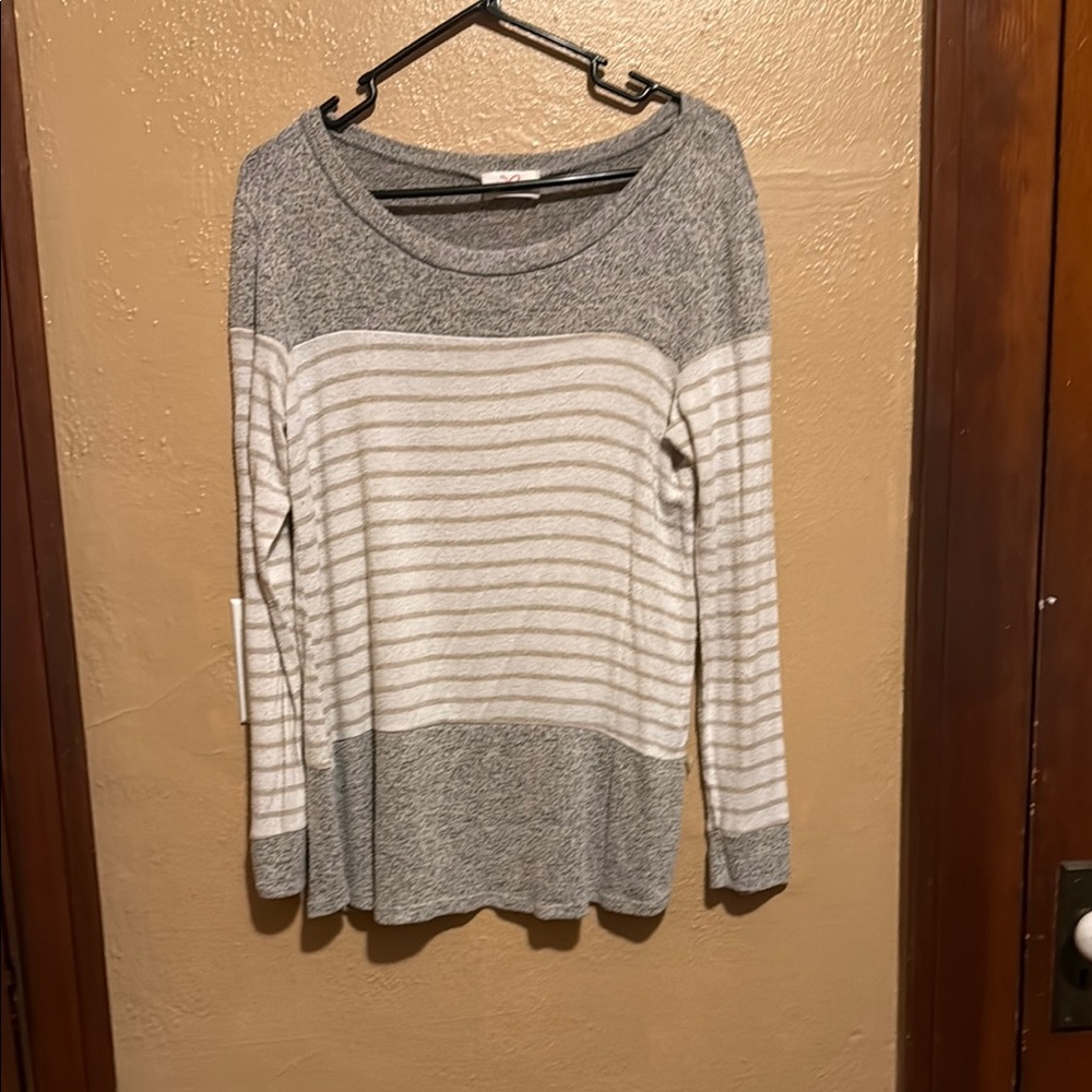 Gray and White Striped Long Sleeve Top